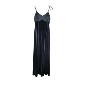 Vtg y2k 90s Velvet Maxi Dress Gray Floral Beaded Bust Spaghetti Strap Gown Long